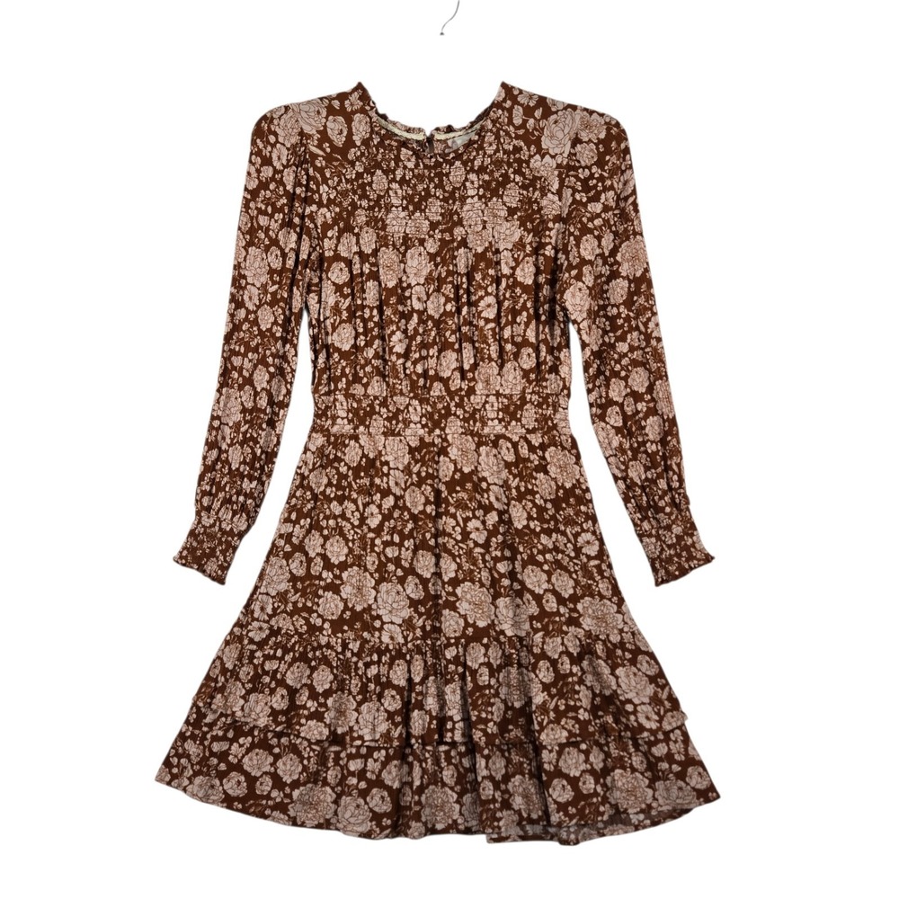 Knox Rose Dress Womens Small Brown Pink Floral Print Long Sleeve Smocked